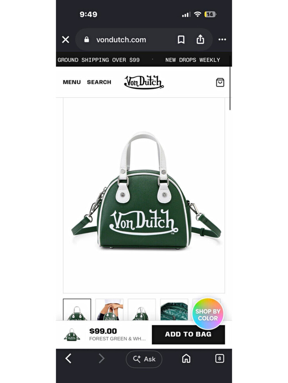 Von Dutch Green & White Satchel Top Handle Crossbody Zip Silver Hardware